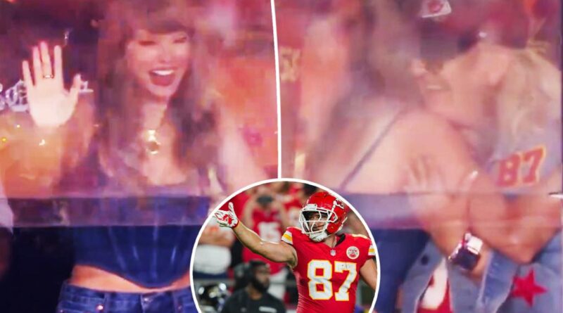 'Blushing' Taylor Swift hugs Donna Kelce after Travis pointed at the singer after making a big catch at the Chiefs game.