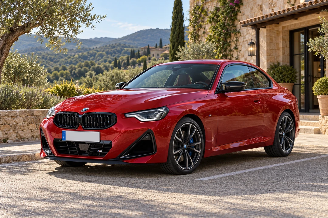BMW M240i xDrive Coupé rojo estacionado frente a una casa