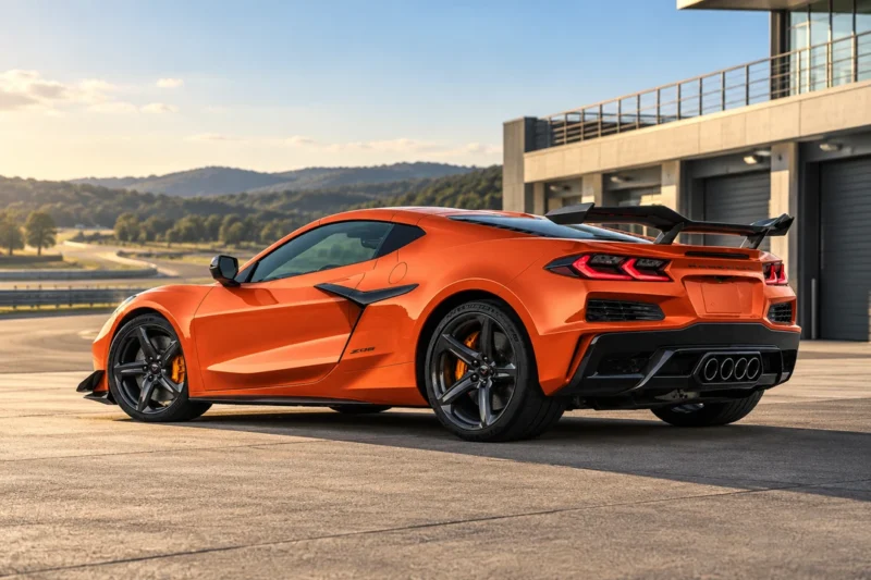 Corvette Z06 naranja estacionado junto a un circuito
